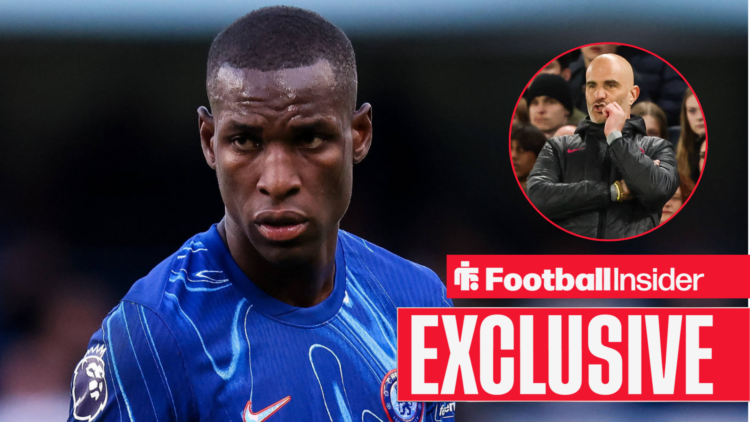 Chelsea striker Nicolas Jackson alonsgide boss Enzo Maresca in a circular frame