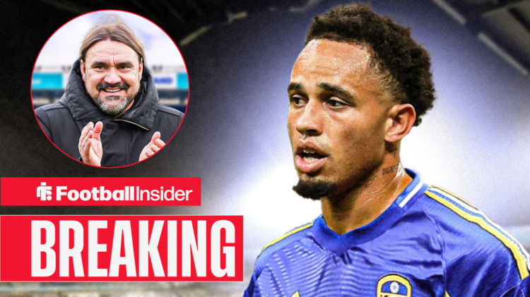 Noah Okafor in a Leeds away kit looking at manager Daniel Farke looking pleased and clapping inset