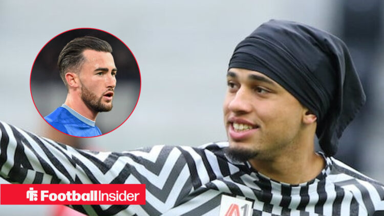 AC Milan's Noah Okafor in an RB Salzburg training top smiling at Leeds' Jack Harrison who is playing for Everton and faced his way