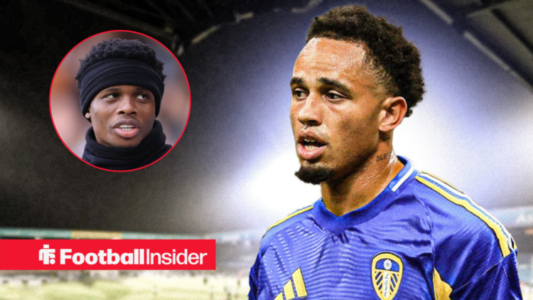 Leeds' Noah Okafor at Elland Road looking at teammate Largie Ramazani who has a hat and snood on and is looking up while warming up left inset