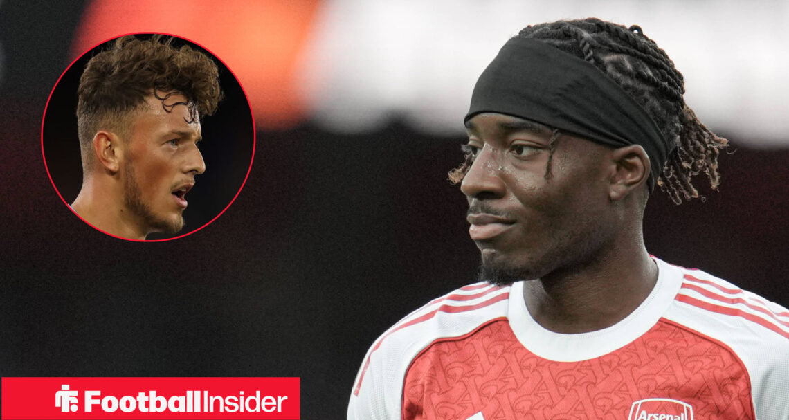 Arsenal winger Noni Madueke, alongside a circular inset of defender Ben White.