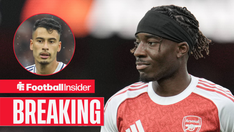 Noni Madueke against a circular inset of Gabriel Martinelli