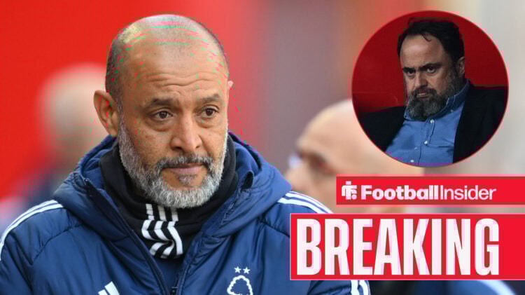 Nuno Espirito Santo on the touchline at the City Ground, Evangelos Marinakis pictured in a circular inset