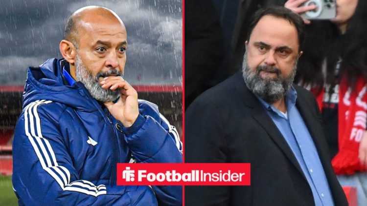 Nuno Espirito Santo looking unhappy, with Evangelos Marinakis angry