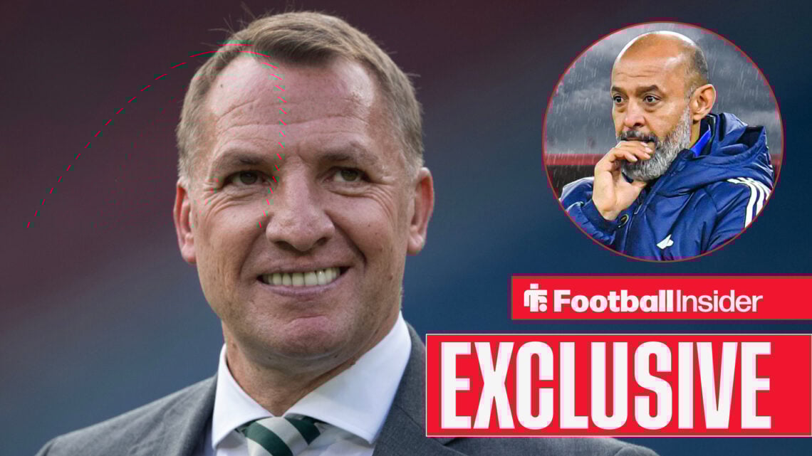 Brendan Rodgers smiling, Nuno Espirito Santo in a circular inset
