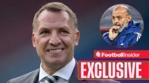Brendan Rodgers smiling, Nuno Espirito Santo in a circular inset