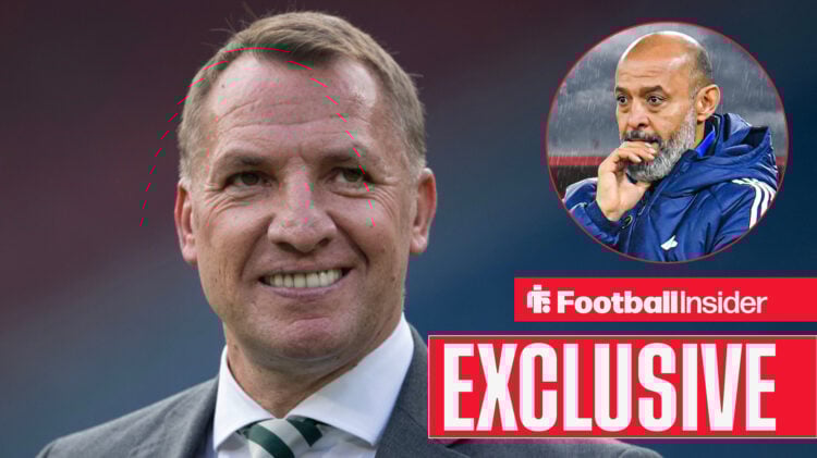 Brendan Rodgers smiling, Nuno Espirito Santo in a circular inset