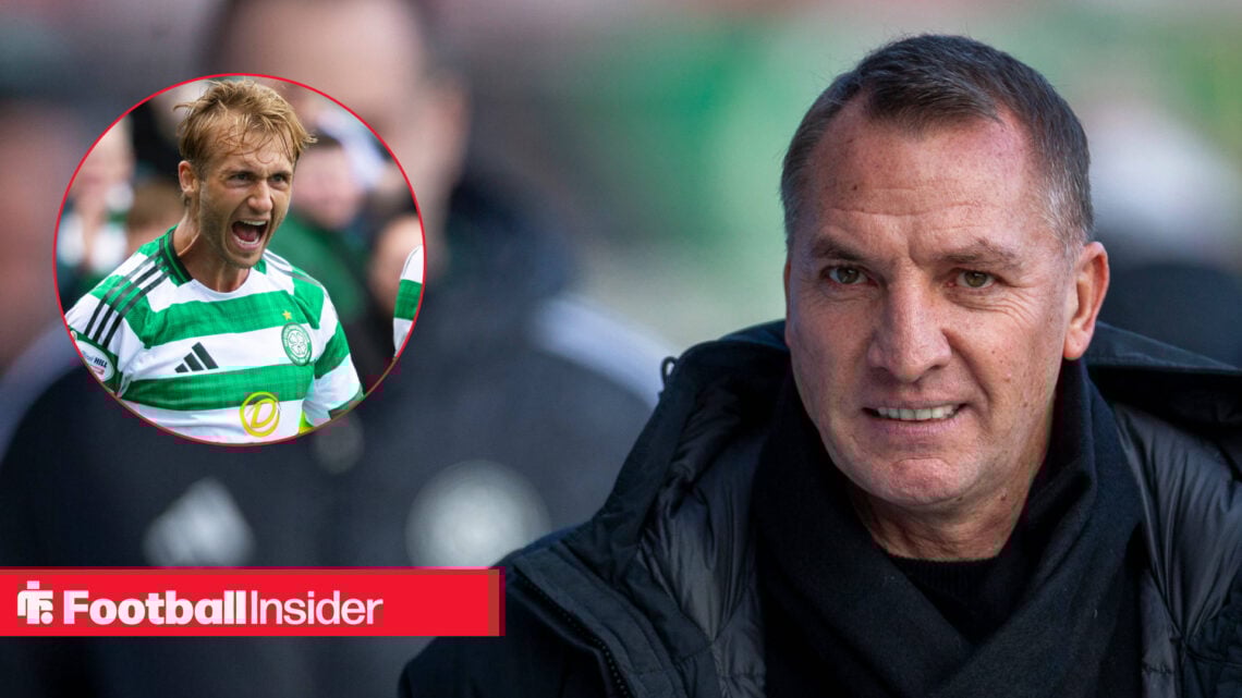 Benjamin Nygren of Celtic celebrates a goal as Brendan Rodgers smiles