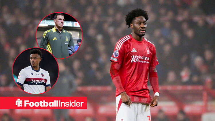 Ola Aina in a red Nottingham Forest kit, Chris Wood in a grey tracksuit and Dan Ndoye in a white Bologna kit in two red circles
