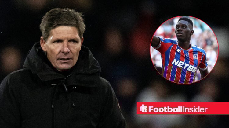 Crystal Palace's Ismaila Sarr celebrates scoring a goal, as Oliver Glasner looks on.