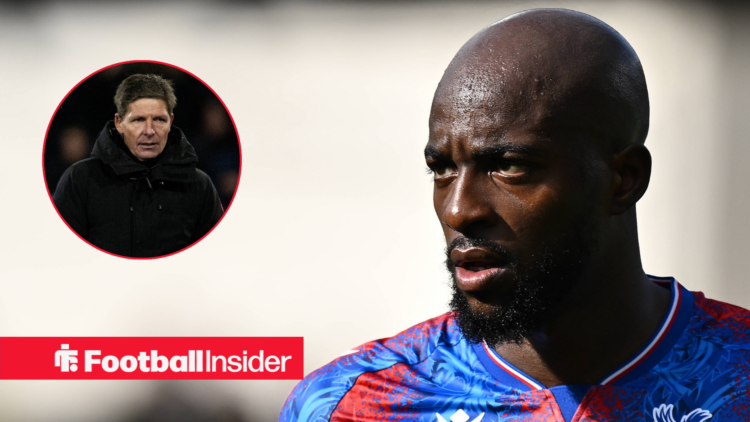 Jean-Philippe Mateta looking focused during a Crystal Palace match, next to an image of manager Oliver Glasner