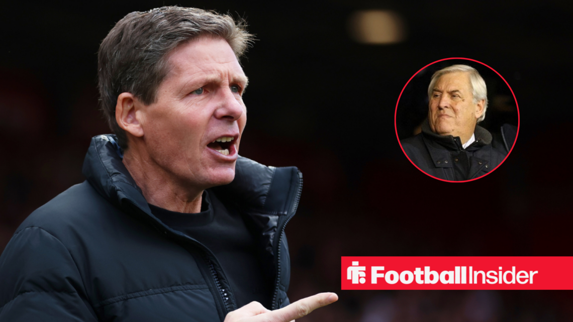 Crystal Palace boss Oliver Glasner in a coat alongside Keith Hackett in a circle frame