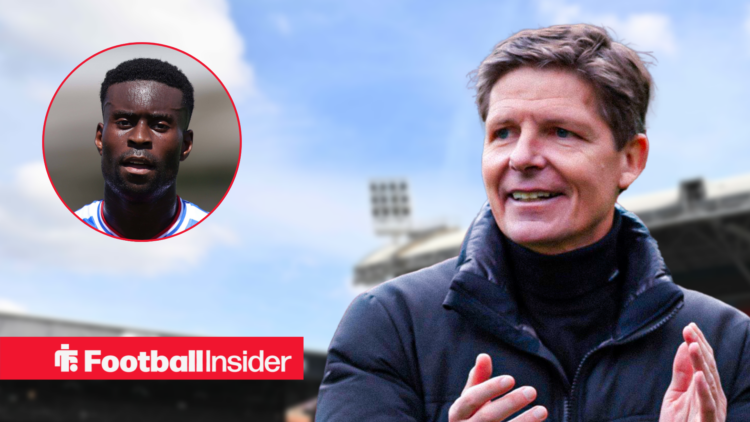 Crystal Palace manager Oliver Glasner in happy mood against a backdrop of Selhurst Park alongside a circular inset of Crystal Palace defender Marc ...