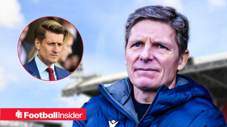 Crystal Palace manager Oliver Glasner in a club jacket looking confused at Palace chairman Steve Parish who is stood in the stands in a suit lookin...