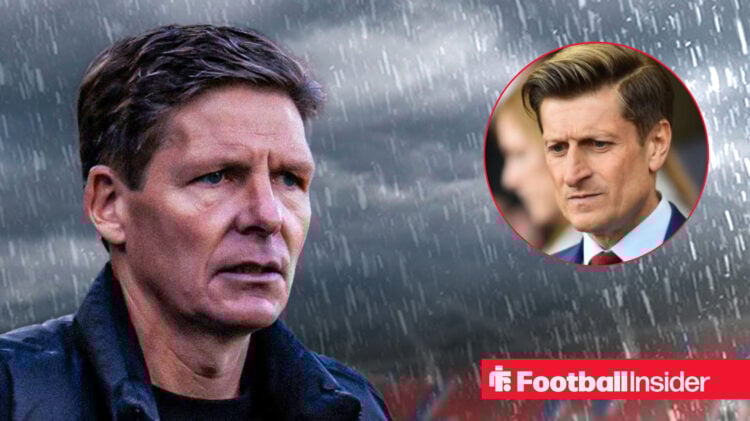 Oliver Glasner looking concerned in the rain, alongside a headshot of Crystal Palace owner Steve Parish
