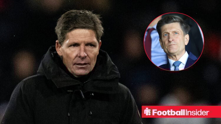 Oliver Glasner on the left looking annoyed with Crystal Palace chairman Steve Parish looking into the distance seriously