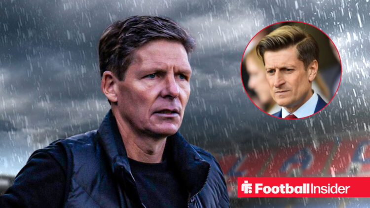 Oliver Glasner looking annoyed with a rainy backdrop on the left with Steve Parish looking at him on the right