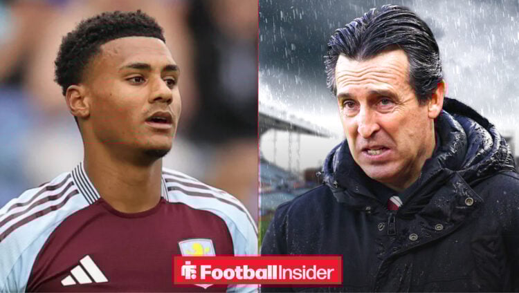 Ollie Watkins pictured in Aston Villa action while Unai Emery watches on anxiously