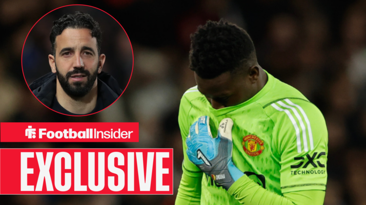 Andre Onana looking down, Ruben Amorim in a circular inset