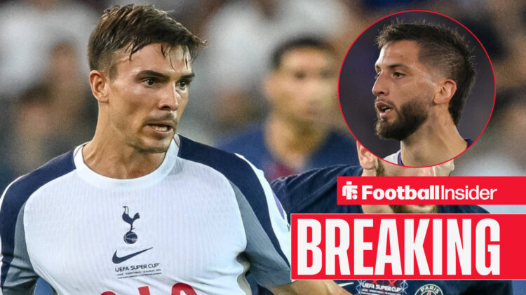 Joao Palhinha in action for Tottenham as Rodrigo Bentancur looks on from a circular inset