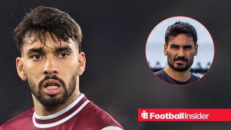 Lucas Paqueta of West Ham looks on in concern, while Ilkay Gundogan trains with Man City