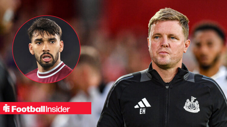 Newcastle manager Eddie Howe looking worried alongside an image of West Ham midfielder Lucas Paqueta.