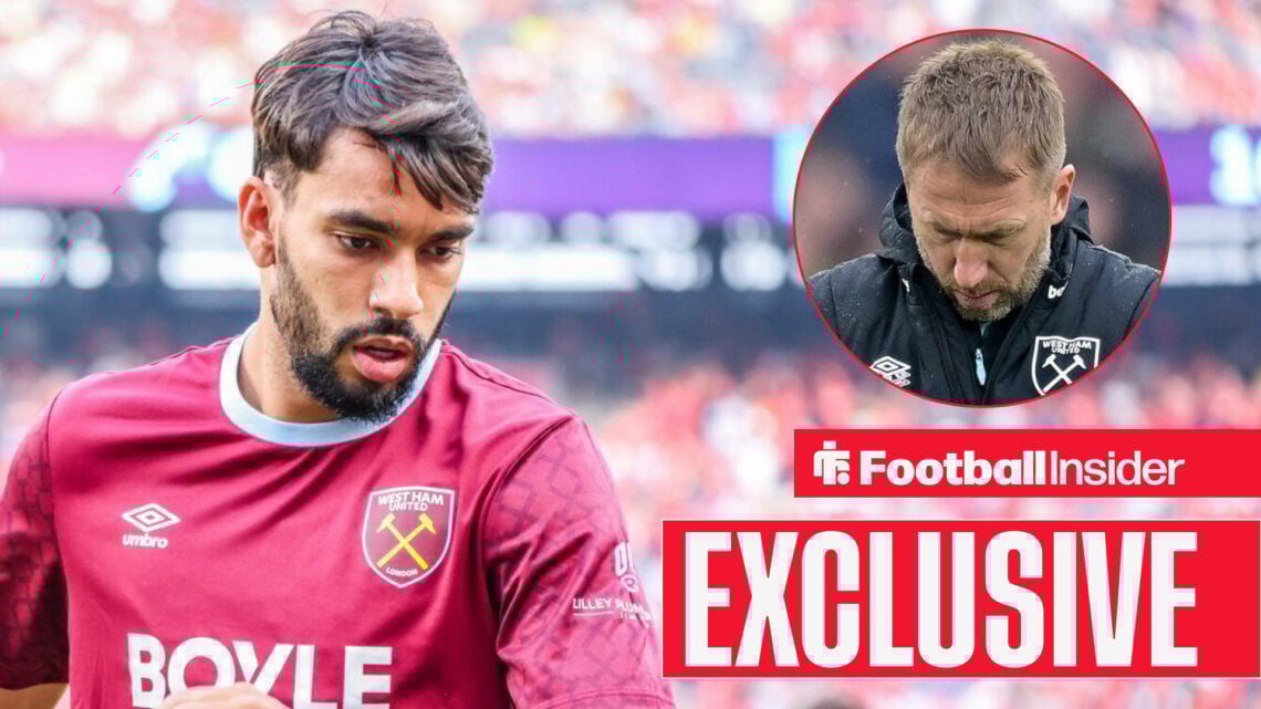 Lucas Paqueta looks down at the ground, Graham Potter looks distraught in a circular inset