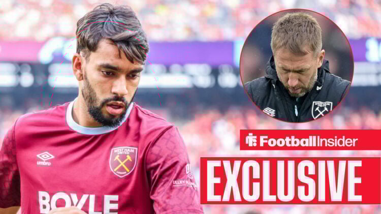 Lucas Paqueta looks down at the ground, Graham Potter looks distraught in a circular inset