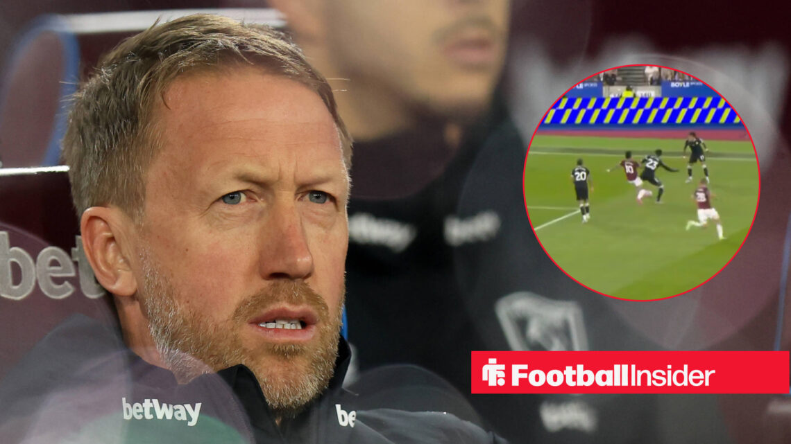 Graham Potter looking on from the bench during a West Ham match, next to an image of an incident involving Lucas Paqueta vs Chelsea