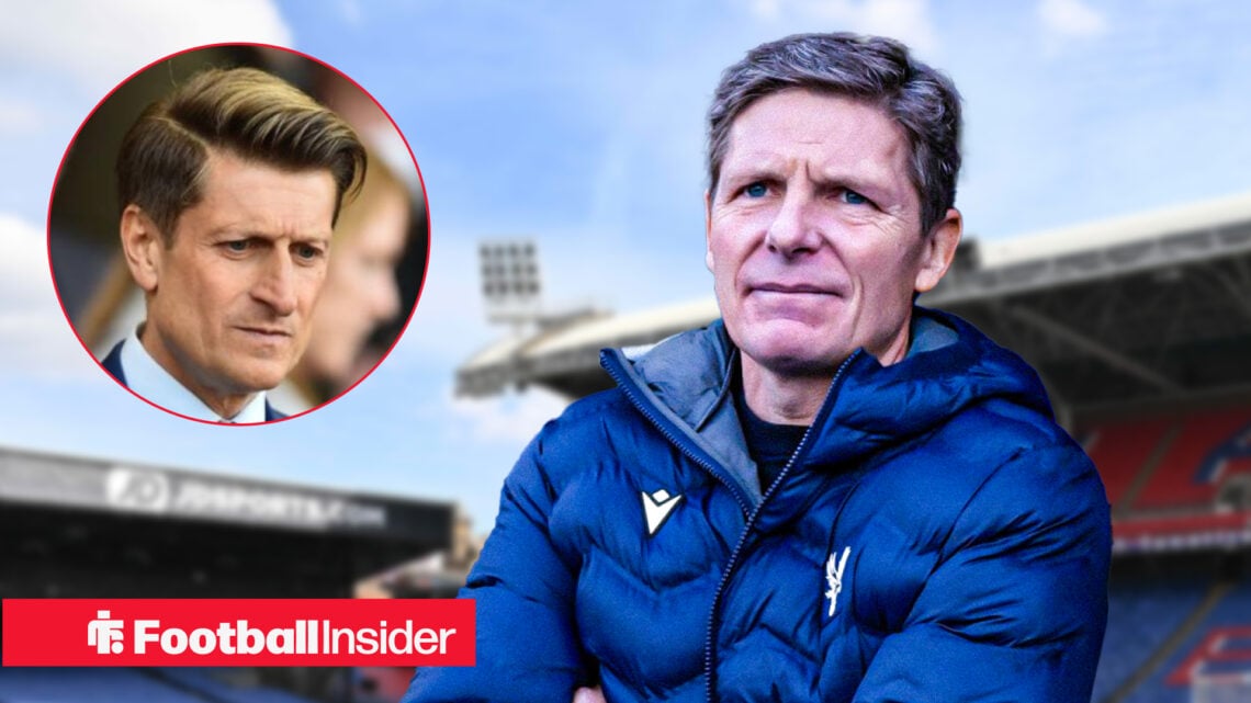 Oliver Glasner with his arms crossed at Selhurst Park, with Steve Parish in a circular inset