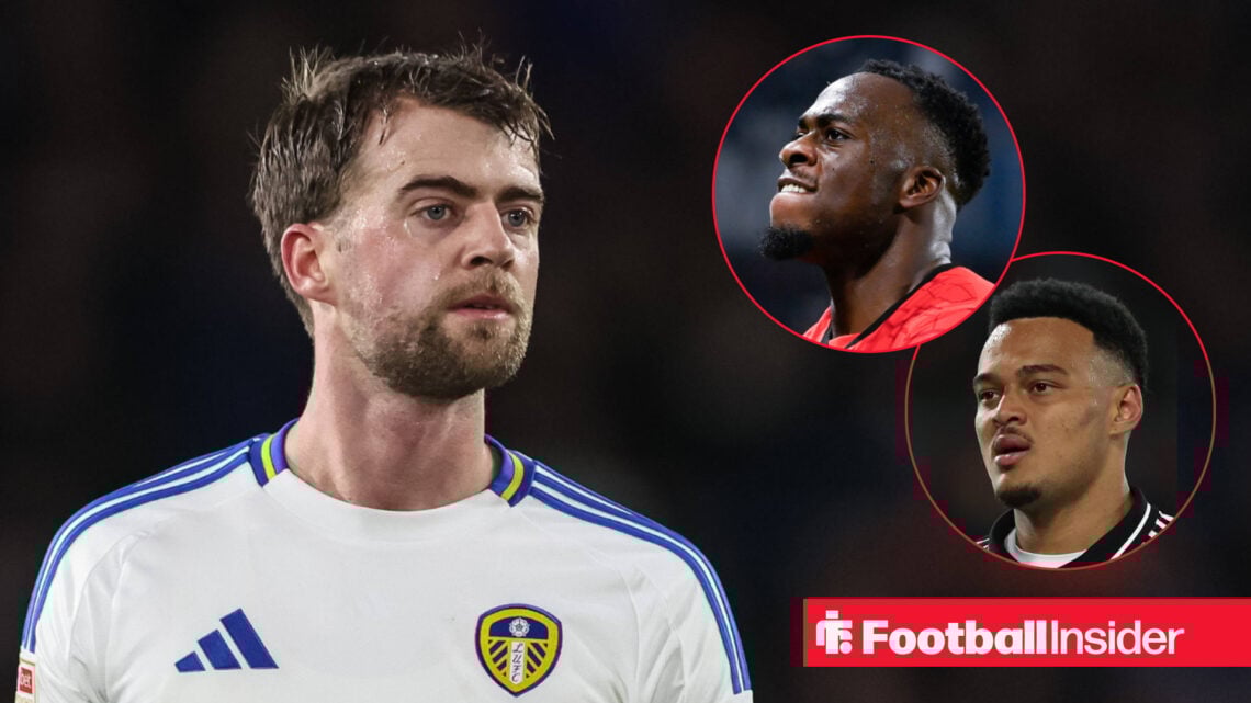 Leeds striker Patrick Bamford looking at Rennes striker Arnaud Kalimuendo and Fulham's Rodrigo Muniz while all are in action for those clubs