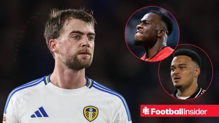 Leeds striker Patrick Bamford looking at Rennes striker Arnaud Kalimuendo and Fulham's Rodrigo Muniz while all are in action for those clubs