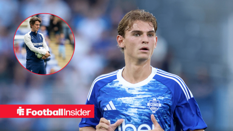 Nico Paz in a blue Como kit and Thomas Frank in a blue Tottenham trackuit in a red circle