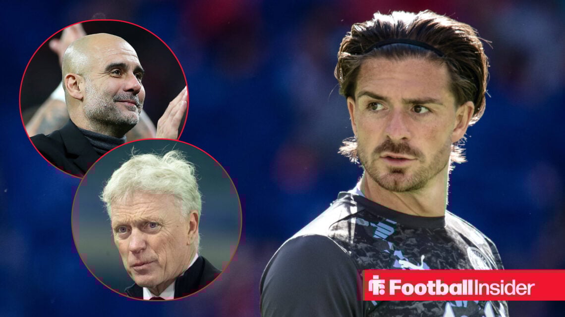 Pep Guardiol and David MOyes on the left with Jack Grealish on the right looking focused