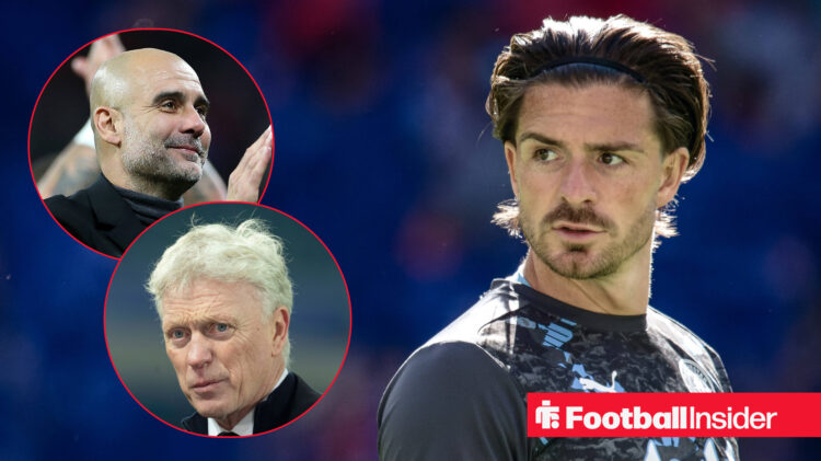Pep Guardiol and David MOyes on the left with Jack Grealish on the right looking focused