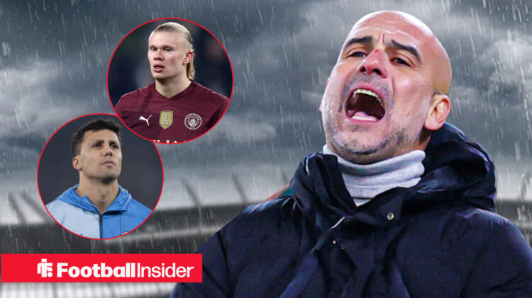 Pep Guardiola, Rodri, and Erling Haaland at Man City
