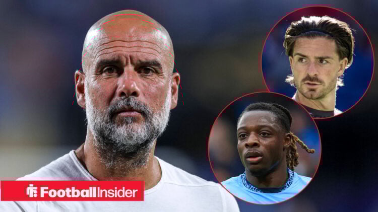 Pep Guardiola on the left with Jack Grealish and Jeremy Doku on the right all looking serious