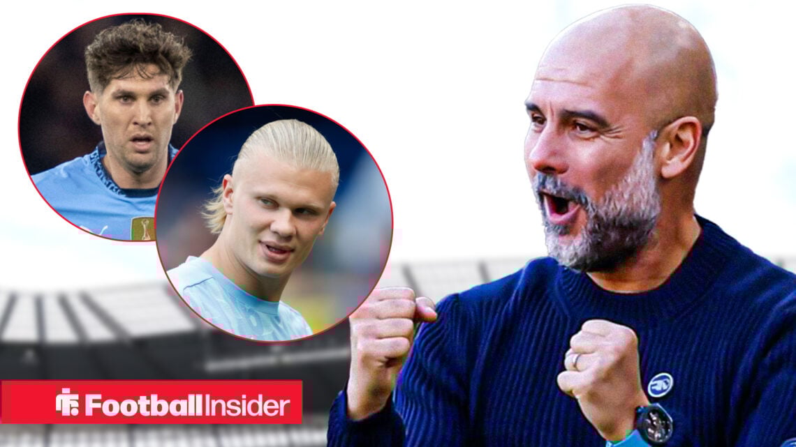 Pep Guardiola celebrating with Erling Haaland and John Stones inset