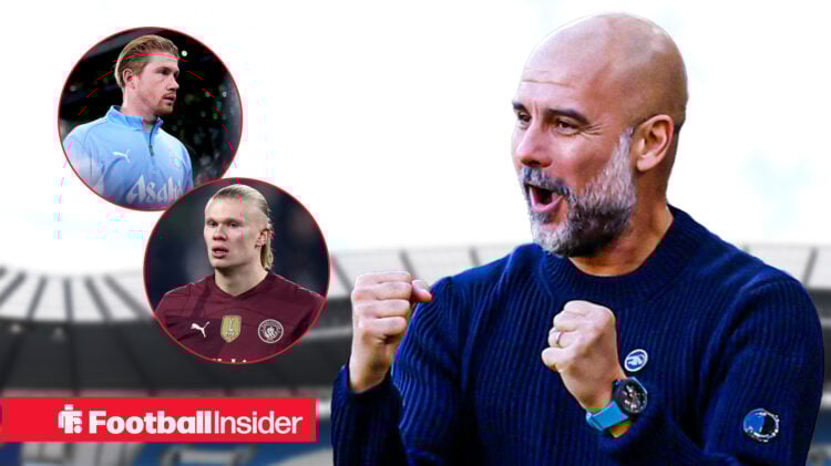 Man City's Pep Guardiola cheering at Kevin De Bruyne and Erling Haaland