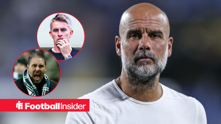 Man City manager Pep Guardiola looking ahead with Ipswich manager Kieran McKenna who has his face to his mouth and Leicester manager Marti Cifuente...