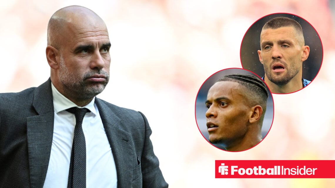 Man City manager Pep Guardiola, alongside Manuel Akanji and Mateo Kovacic.