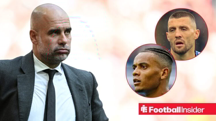 Man City manager Pep Guardiola, alongside Manuel Akanji and Mateo Kovacic.