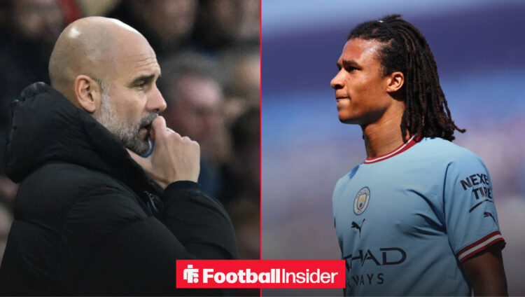 An image of Pep Guardiola on the touchline next to an image of Nathan Ake in a Man City home shirt