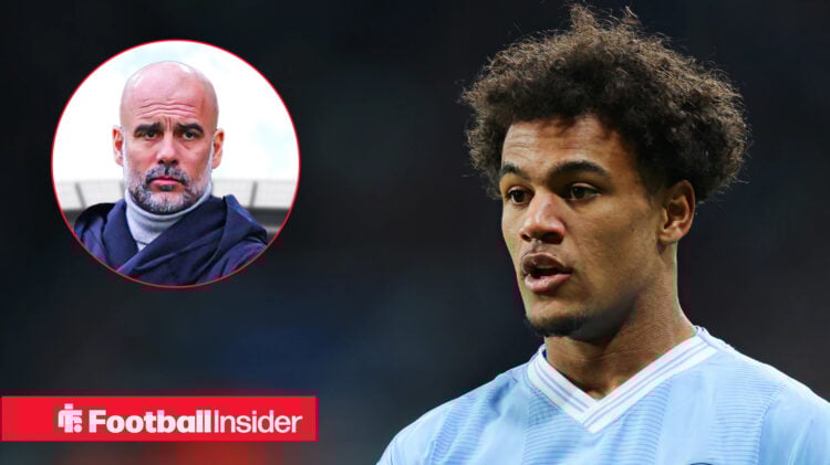 A headshot of Manchester City boss Pep Guardiola alongside a photo of Oscar Bobb