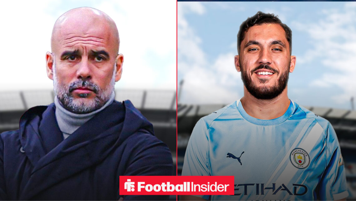 An image of Pep Guardiola at the Etihad Stadium next to an image of Rayan Cherki in a Man City home shirt