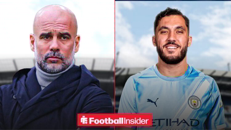 An image of Pep Guardiola at the Etihad Stadium next to an image of Rayan Cherki in a Man City home shirt