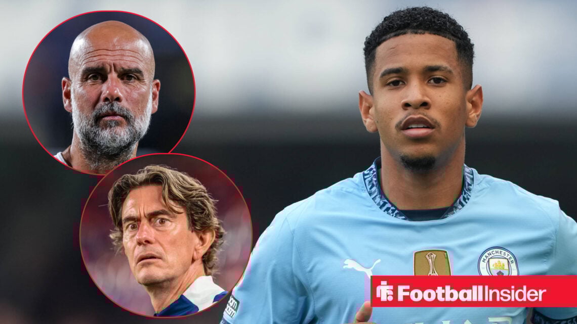 Pep Guardiola and Thomas Frank on the left looking outwards with Savinho on the right in a light blue Man City shirt