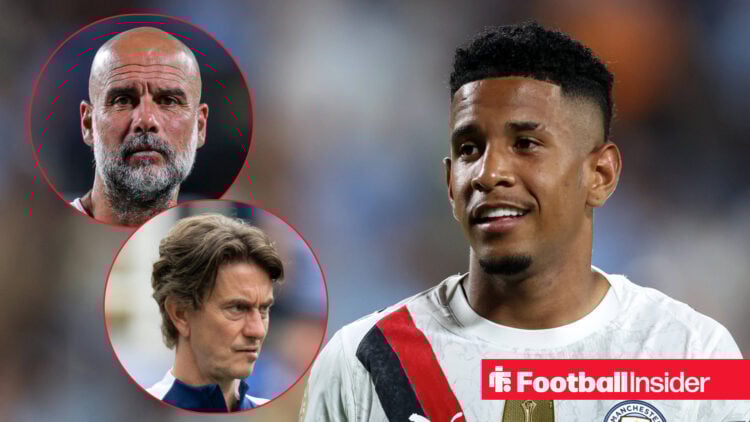 Pep Guardiola and Thomas Frank on the left hand side looking at Savinho in a white red and black Man City shirt