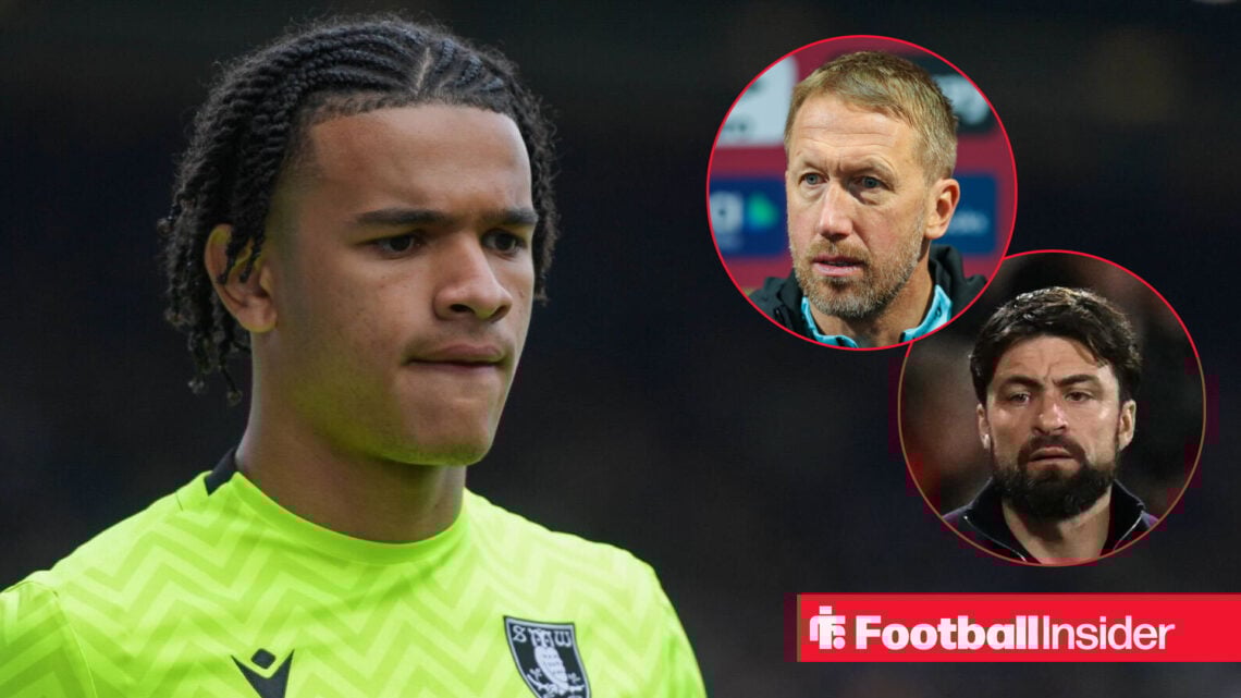 Sheffield Wednesday player Pierce Charles in action looking at both West Ham manager Graham Potter and Rangers manager Russell Martin