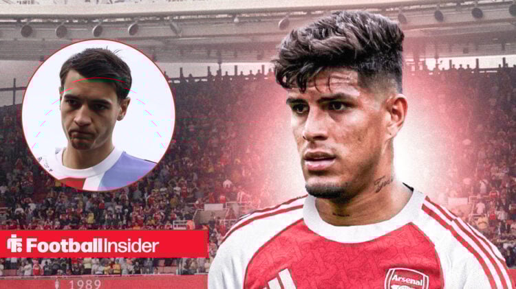 Piero Hincapie depicted in an Arsenal shirt, next to an image of Jakub Kiwior